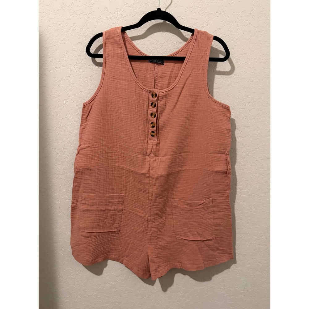 Shein Women Terracotta Gauze Henley Romper Sleeveless Pocketed Size XL US 12